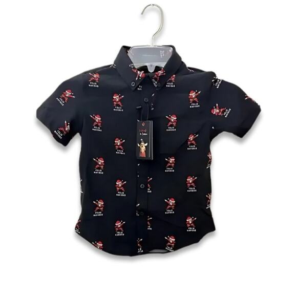 Denim & Flowers Button Down Shirt Dab Santa Print Short Sleeves Black 5/6 NWT - Picture 1 of 9